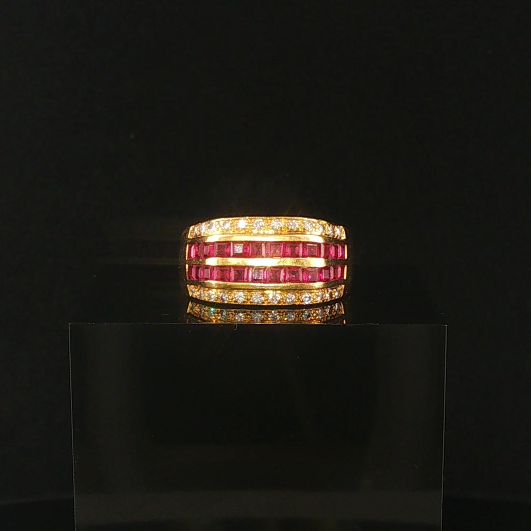 18k Yellow Gold Ruby and Diamonds Vintage Solid Band Ring Size 7.75