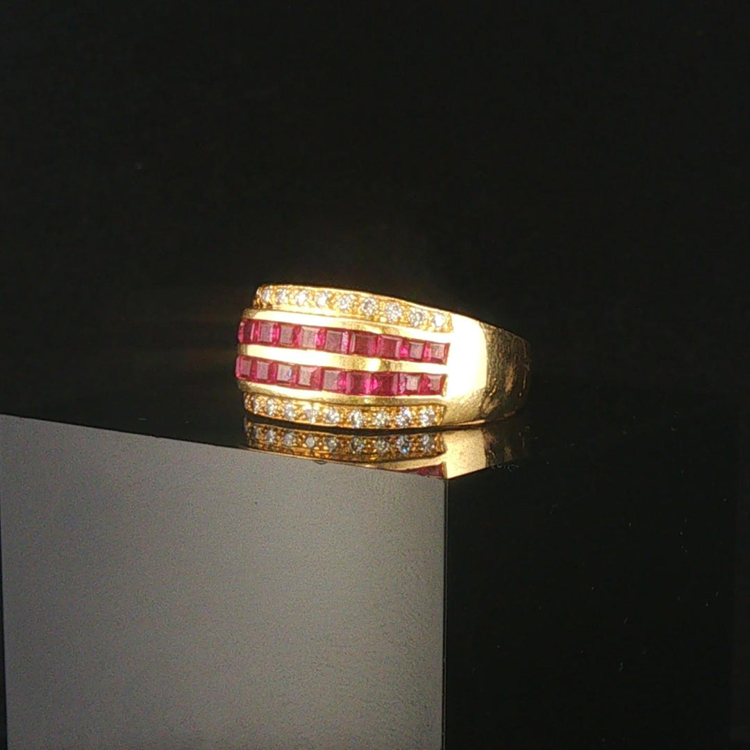 18k Yellow Gold Ruby and Diamonds Vintage Solid Band Ring Size 7.75