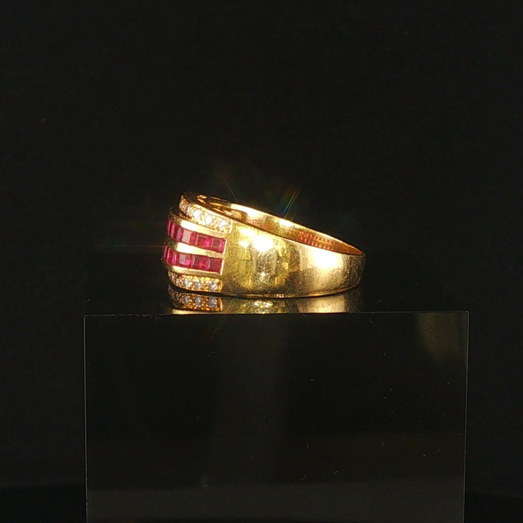 18k Yellow Gold Ruby and Diamonds Vintage Solid Band Ring Size 7.75