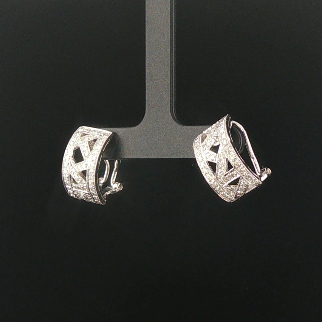 18k White Gold and 0.40cttw Diamond Vintage Filigree Huggie Earrings