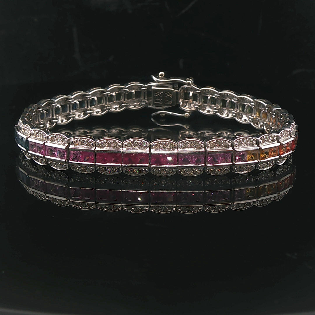 14k White Gold 1.6cttw Diamond and Rainbow Sapphire Link Bracelet 7"
