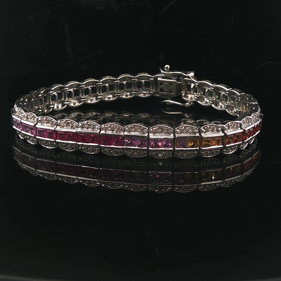 14k White Gold 1.6cttw Diamond and Rainbow Sapphire Link Bracelet 7"