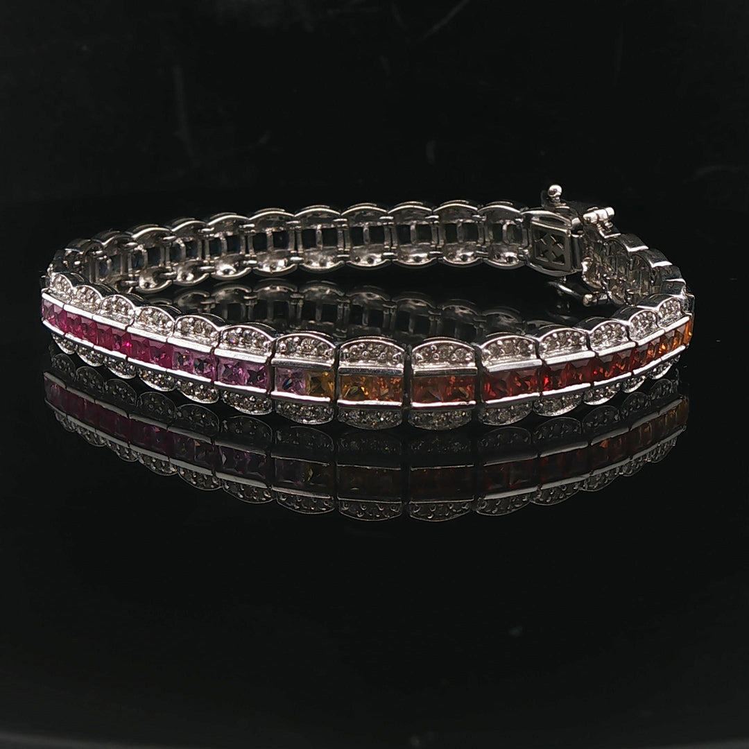 14k White Gold 1.6cttw Diamond and Rainbow Sapphire Link Bracelet 7"