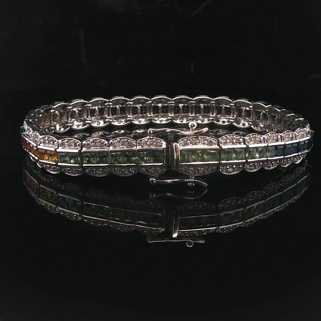 14k White Gold 1.6cttw Diamond and Rainbow Sapphire Link Bracelet 7"