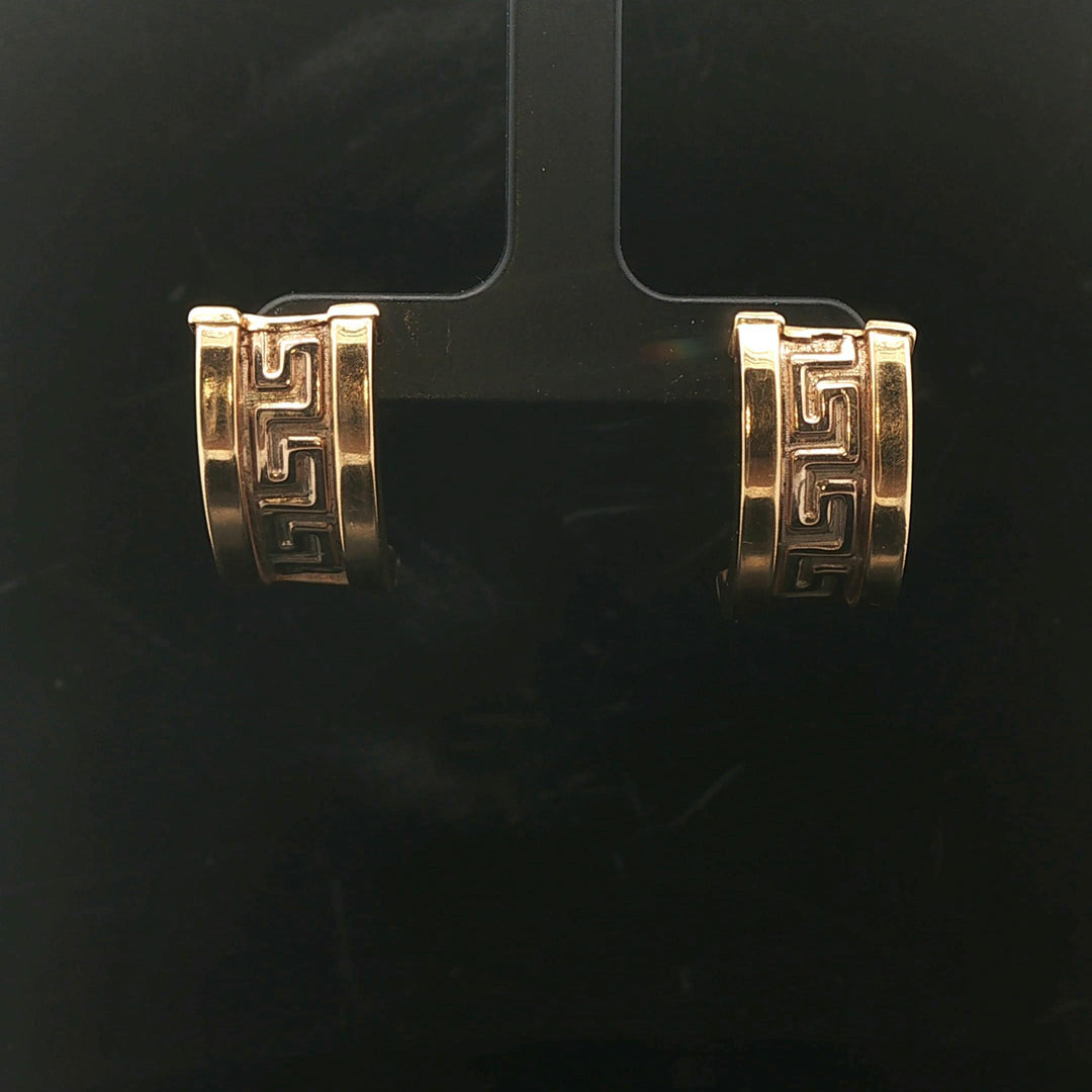 14k Yellow Gold 6g Vintage Greek Key Huggie Earrings 1"