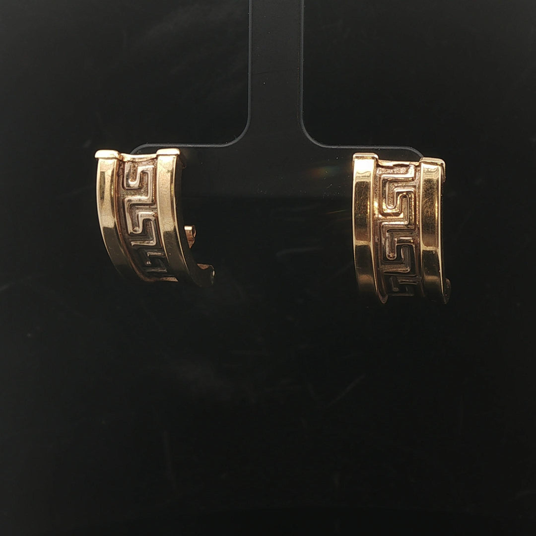 14k Yellow Gold 6g Vintage Greek Key Huggie Earrings 1"