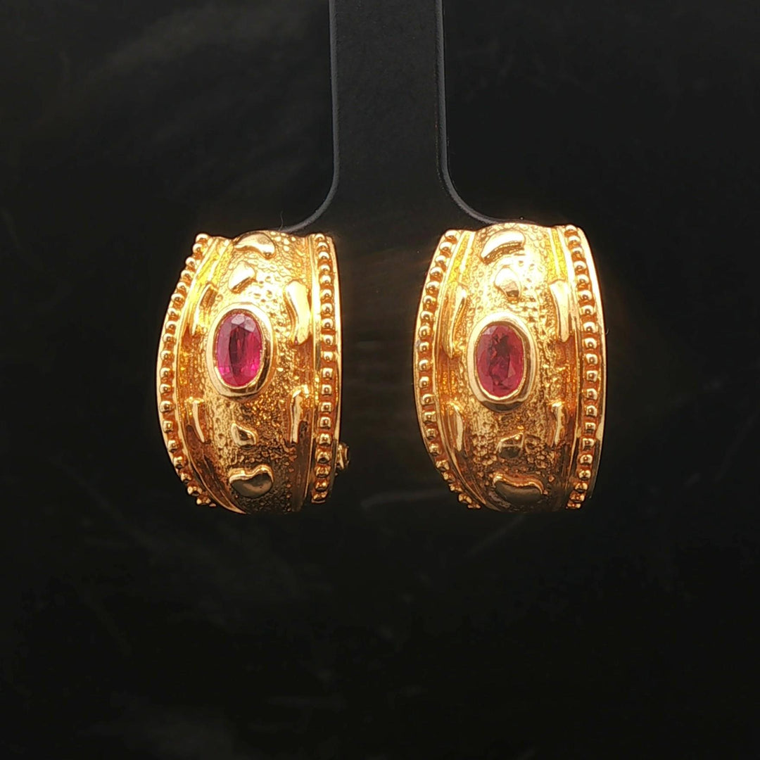 22k Yellow Gold and Ruby 13.4g Solid Vintage Huggie Earrings