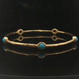 18k Yellow Gold and Cabochon Turquoise 16.4g Vintage Hammered Bangle Bracelet 8"