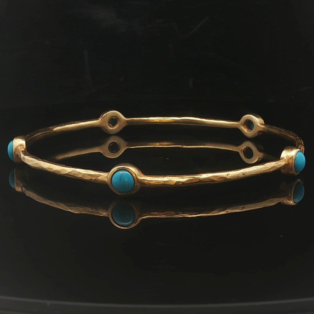 18k Yellow Gold and Cabochon Turquoise 16.4g Vintage Hammered Bangle Bracelet 8"