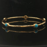 18k Yellow Gold and Cabochon Turquoise 16.4g Vintage Hammered Bangle Bracelet 8"