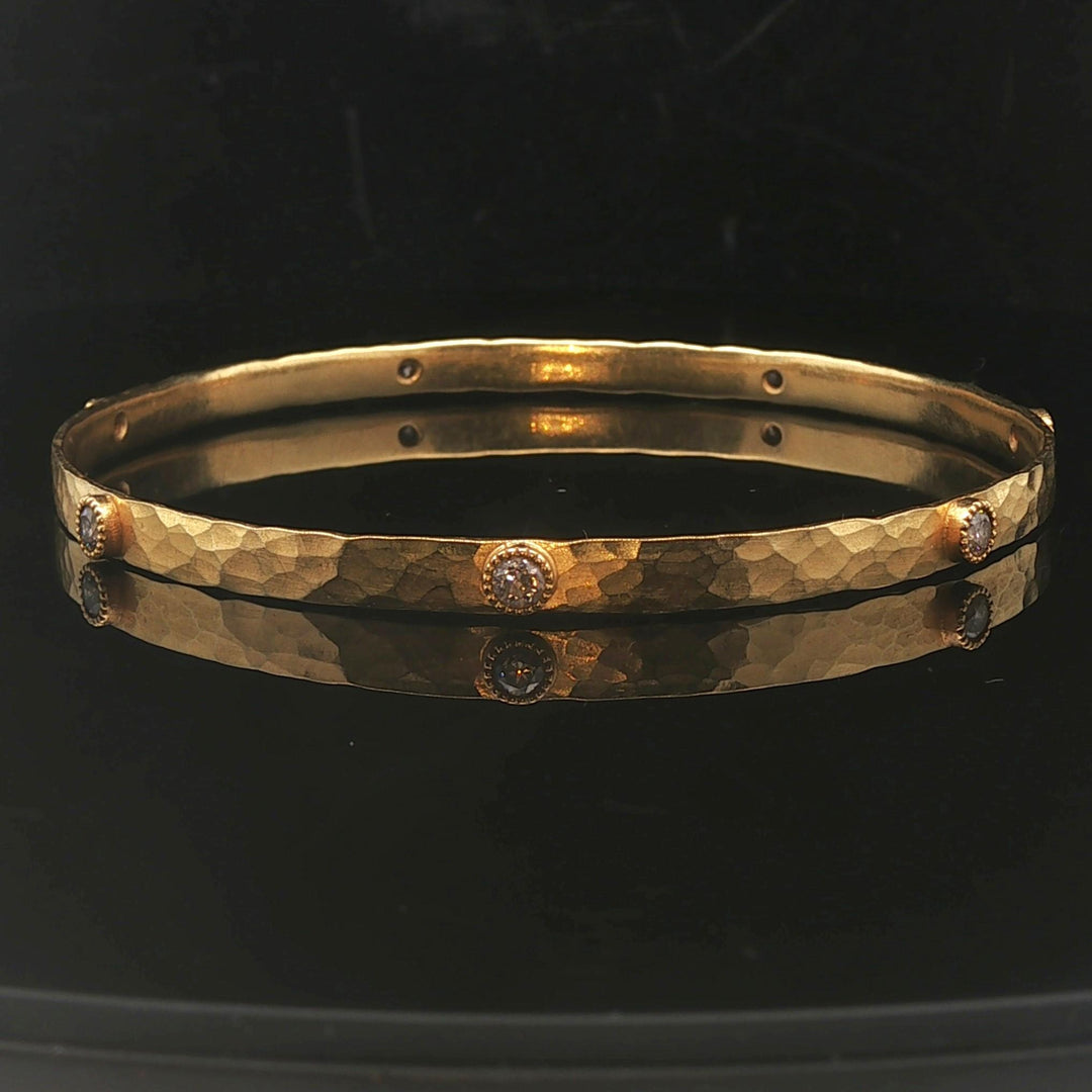 18k Yellow Gold and 0.70cttw Diamond 13.7g Vintage Hammered Bangle Bracelet 8"