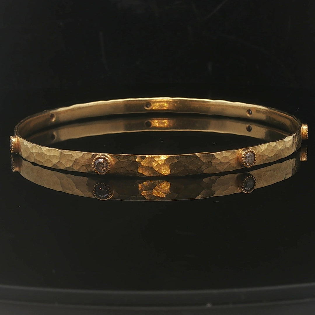 18k Yellow Gold and 0.70cttw Diamond 13.7g Vintage Hammered Bangle Bracelet 8"