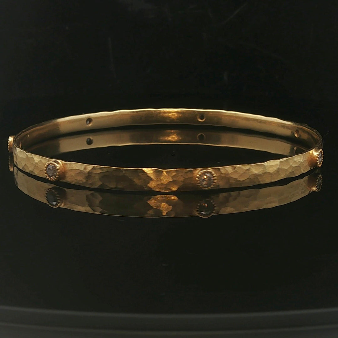 18k Yellow Gold and 0.70cttw Diamond 13.7g Vintage Hammered Bangle Bracelet 8"