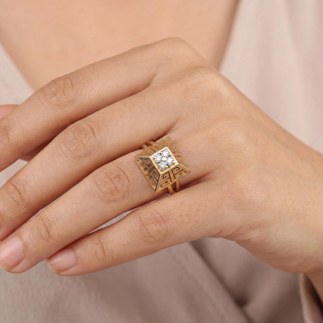 Tiffany & Co. 18k Yellow Gold and 0.40cttw Diamond Greek Key Ring Size 6