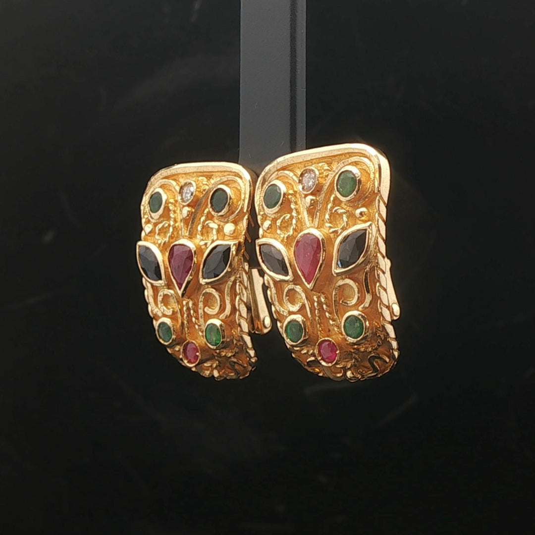 18k Yellow Multi Gemstone and Diamond 10.5g Vintage Stud Earrings