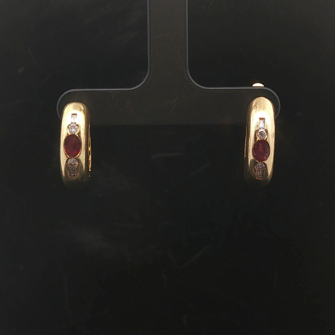 18k Yellow Gold Ruby and Diamond 10g Vintage Hoop Earrings