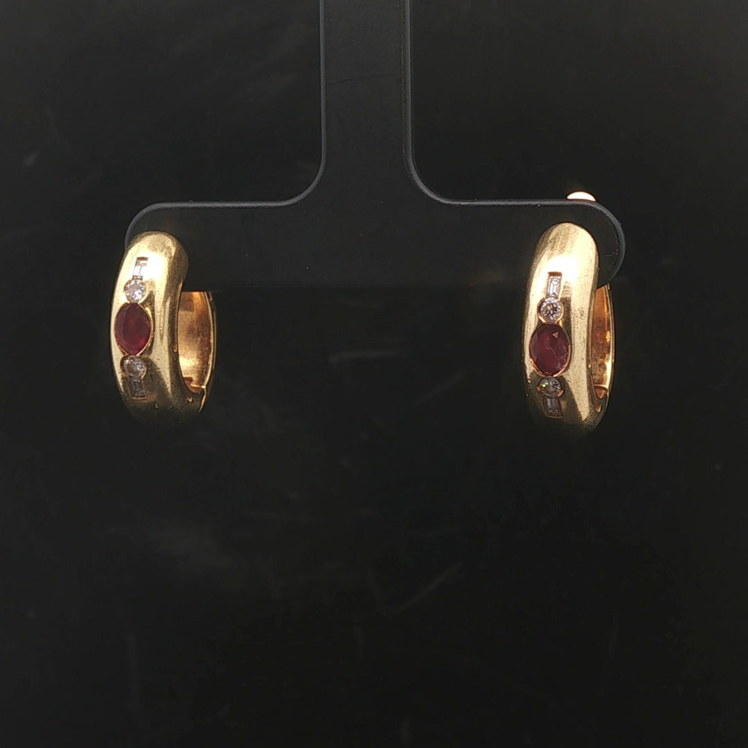 18k Yellow Gold Ruby and Diamond 10g Vintage Hoop Earrings