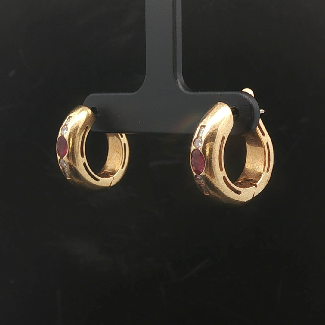 18k Yellow Gold Ruby and Diamond 10g Vintage Hoop Earrings