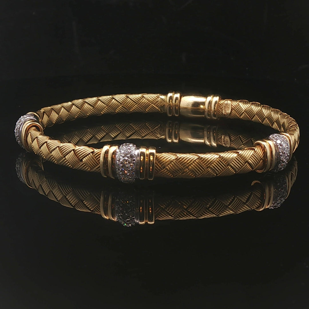 Roberto Coin 18k Yellow Gold and Diamond Woven Bangle Bracelet Italy 6.75"