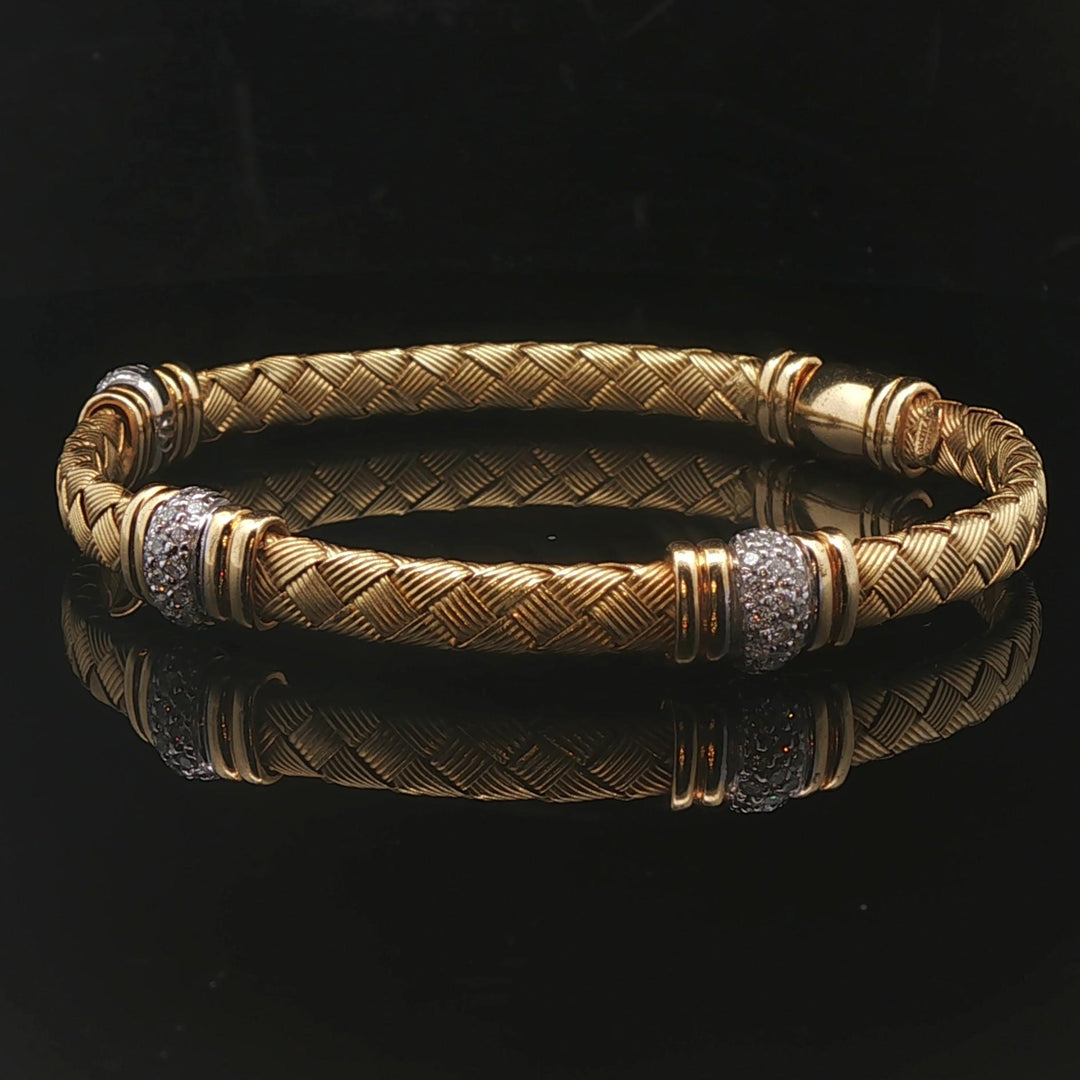 Roberto Coin 18k Yellow Gold and Diamond Woven Bangle Bracelet Italy 6.75"