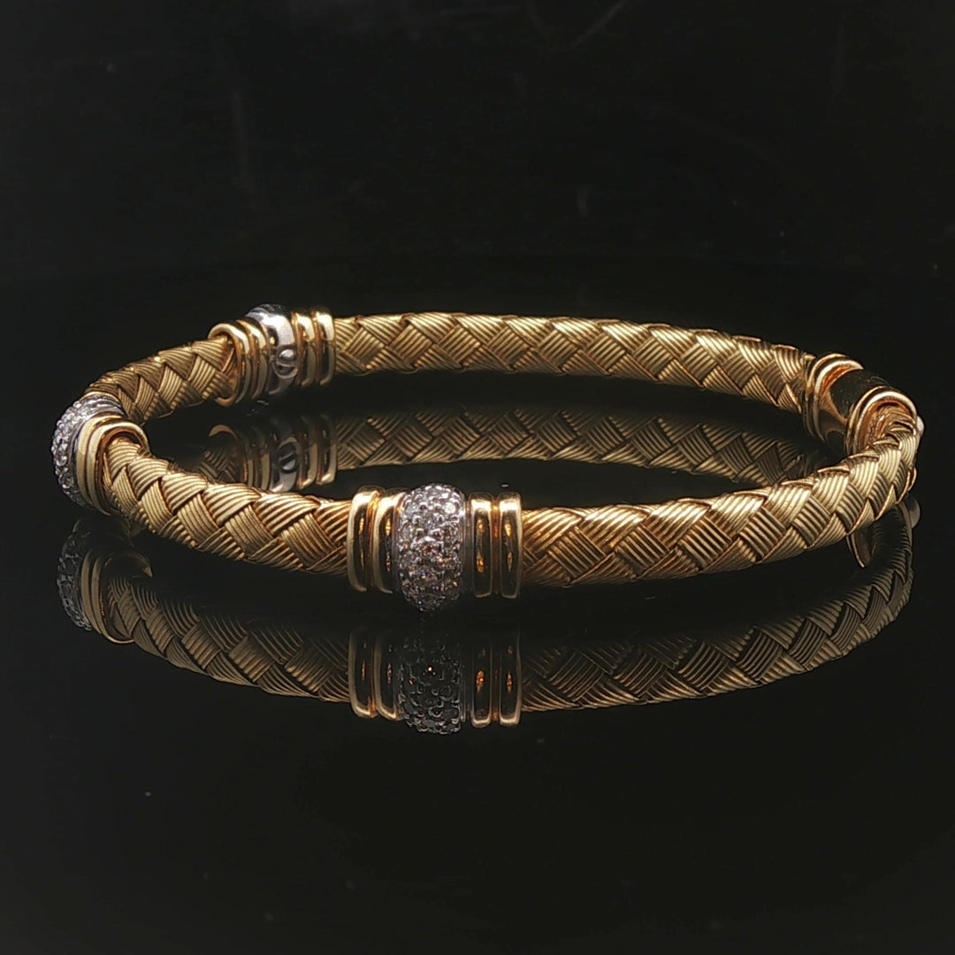 Roberto Coin 18k Yellow Gold and Diamond Woven Bangle Bracelet Italy 6.75"