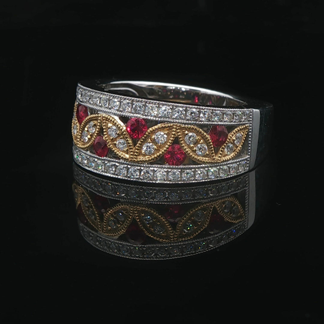 Harry K 18k Yellow and White Gold Ruby Diamond Openwork Band Ring Size 6.5