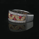 Harry K 18k Yellow and White Gold Ruby Diamond Openwork Band Ring Size 6.5