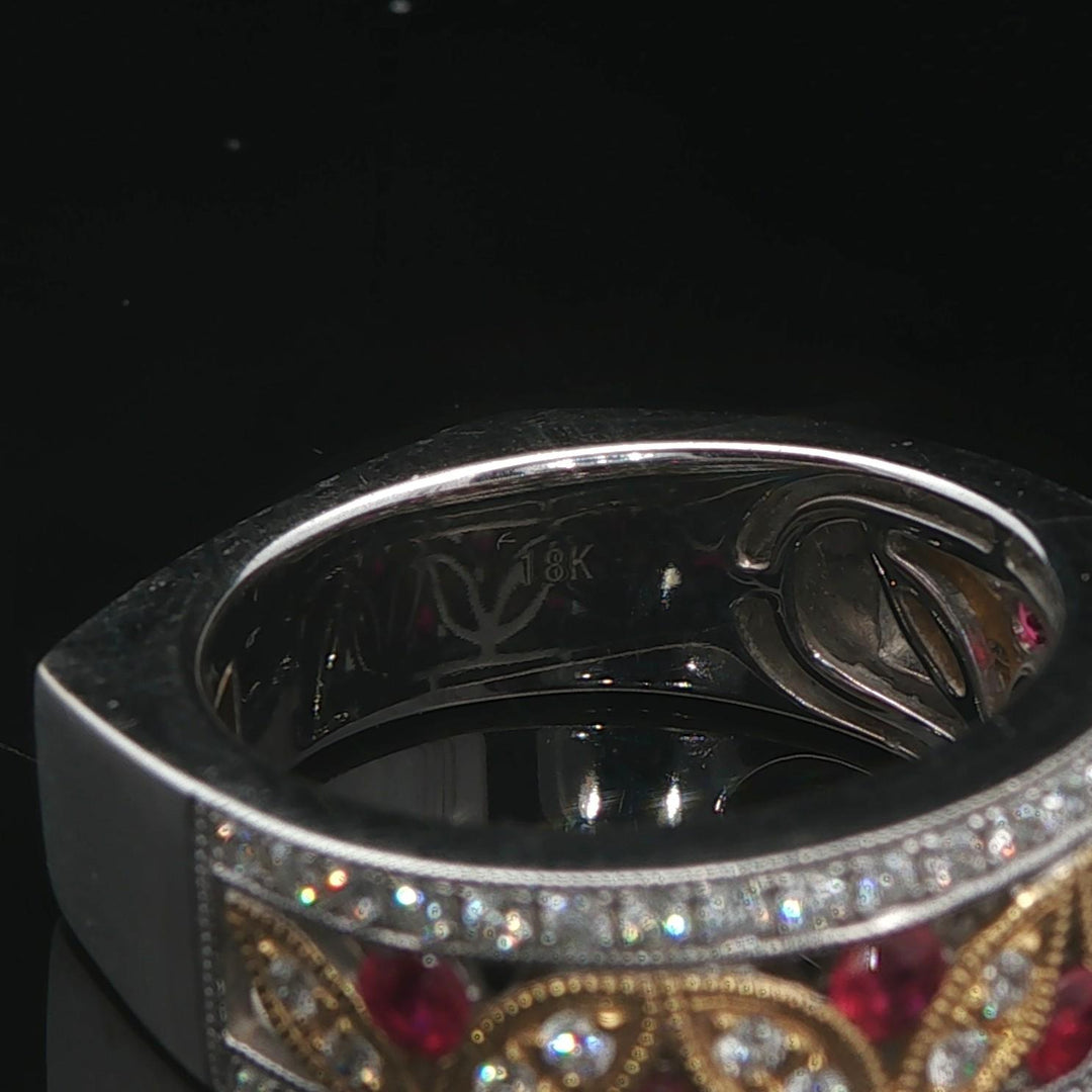 Harry K 18k Yellow and White Gold Ruby Diamond Openwork Band Ring Size 6.5