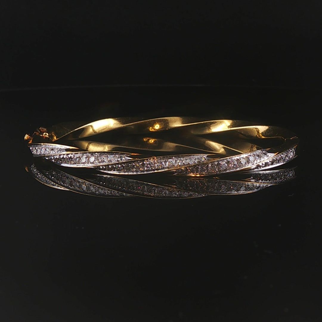 18k Yellow & White Gold 1.30cttw Diamond 27.6g Heavy Spiral Bangle Bracelet 6.5"