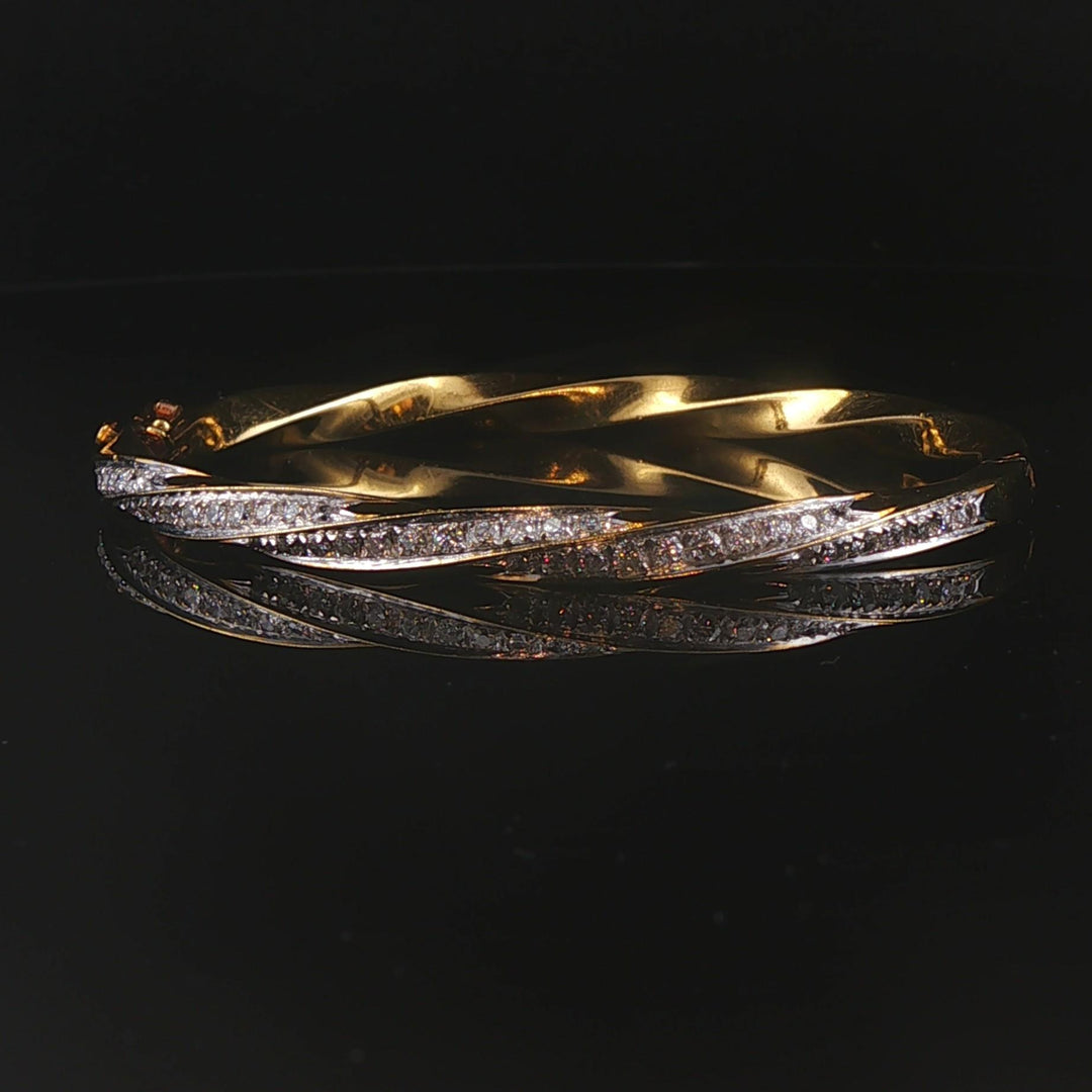 18k Yellow & White Gold 1.30cttw Diamond 27.6g Heavy Spiral Bangle Bracelet 6.5"