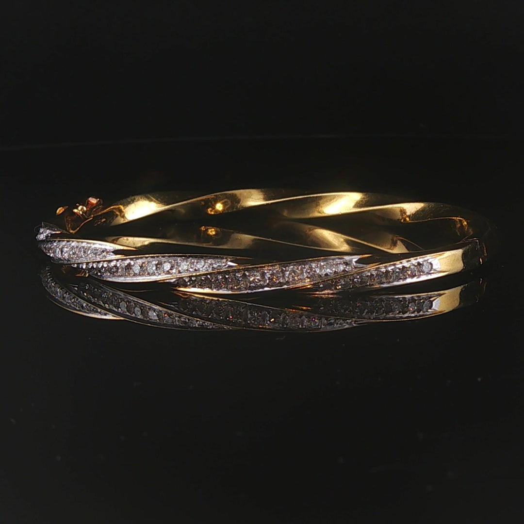 18k Yellow & White Gold 1.30cttw Diamond 27.6g Heavy Spiral Bangle Bracelet 6.5"