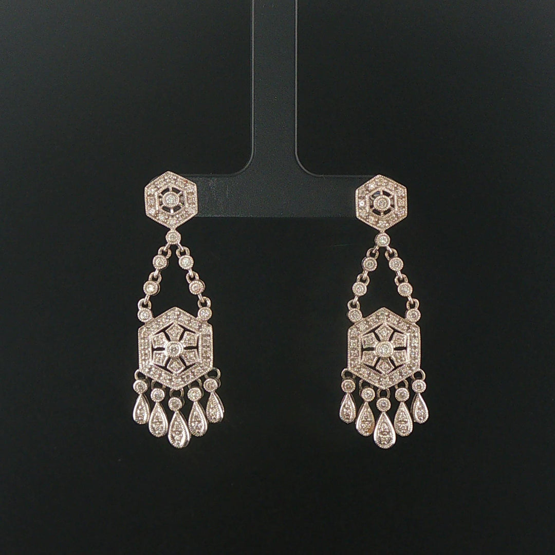14k White Gold and 1.25cttw Diamond Vintage Filigree Drop Dangle Earrings