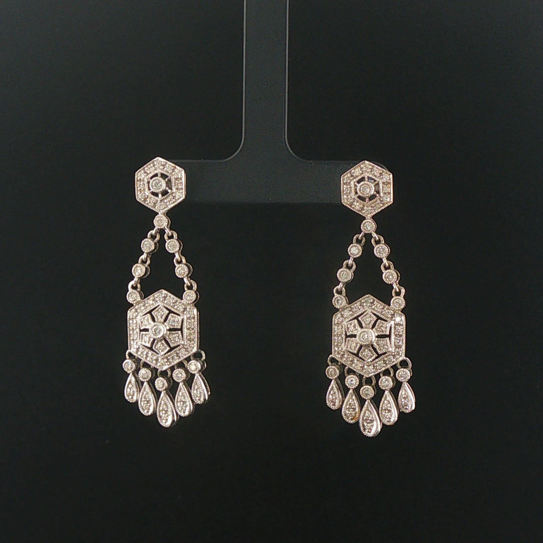 14k White Gold and 1.25cttw Diamond Vintage Filigree Drop Dangle Earrings