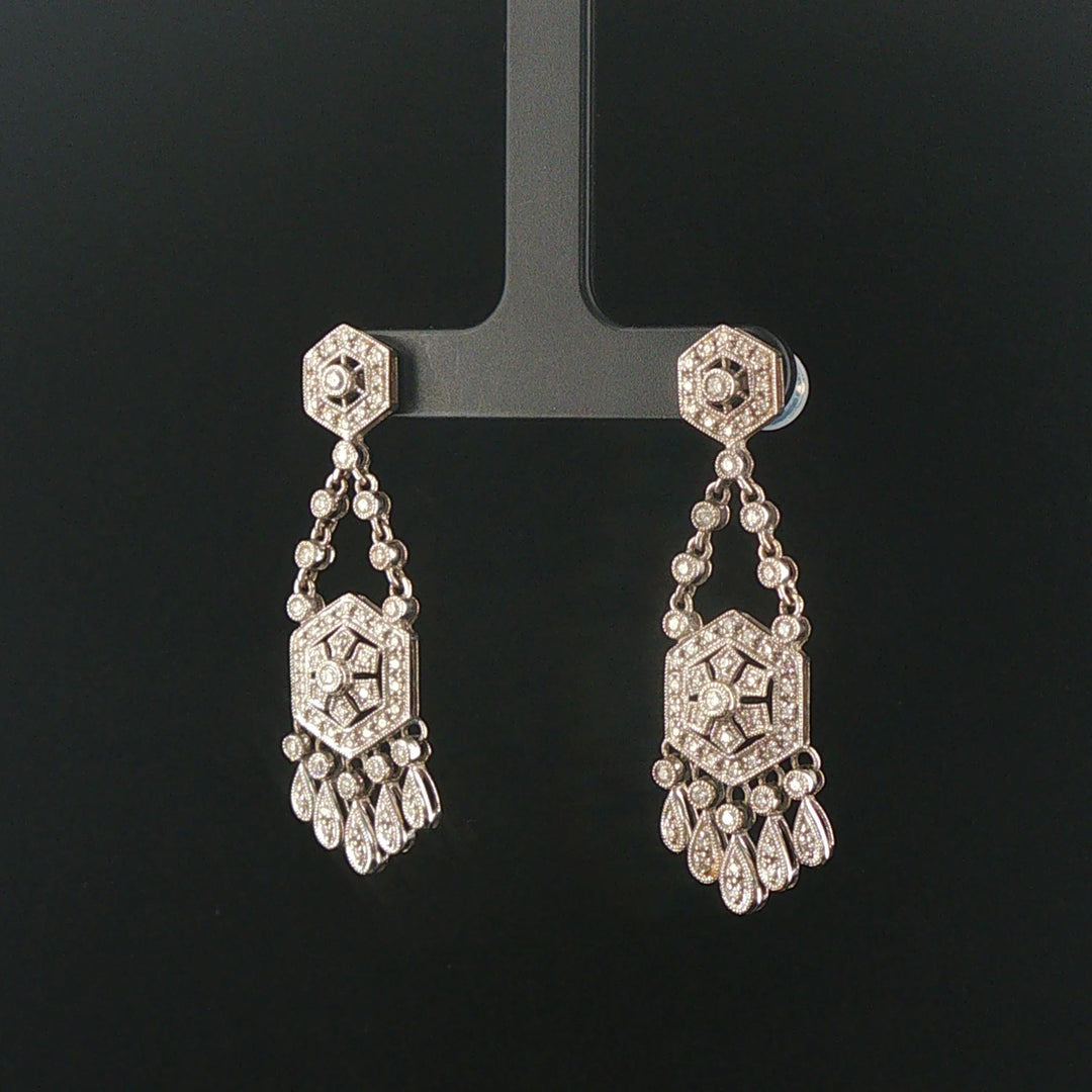 14k White Gold and 1.25cttw Diamond Vintage Filigree Drop Dangle Earrings