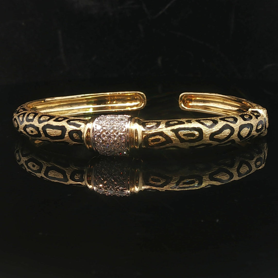 18k Yellow Gold and Diamond 32g Solid Heavy Enamel Leopard Print Cuff Bracelet