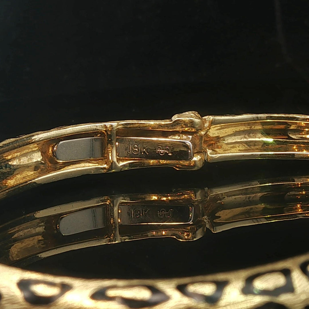 18k Yellow Gold and Diamond 32g Solid Heavy Enamel Leopard Print Cuff Bracelet