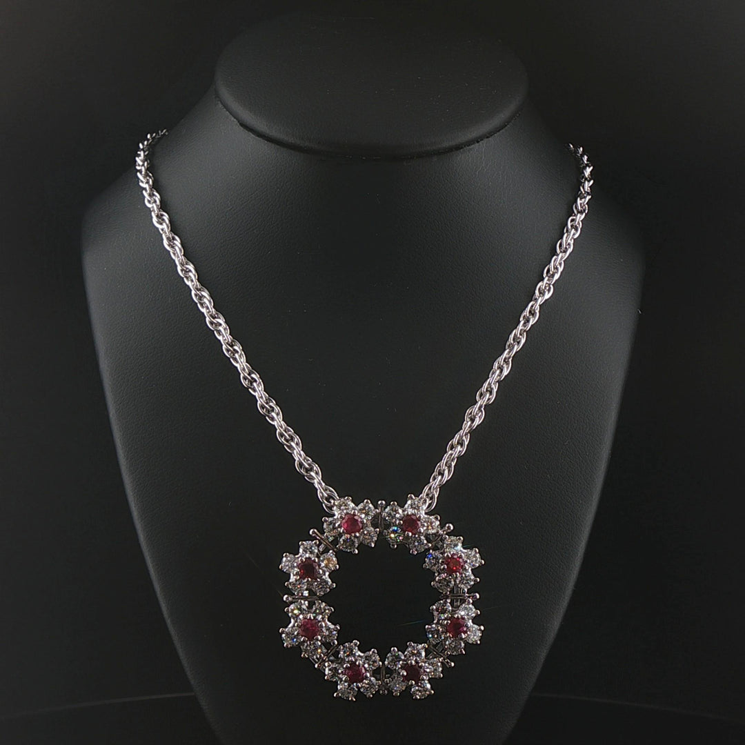 14k White Gold Ruby and 3.50cttw Diamond Solid Circle Pendant Necklace 23"
