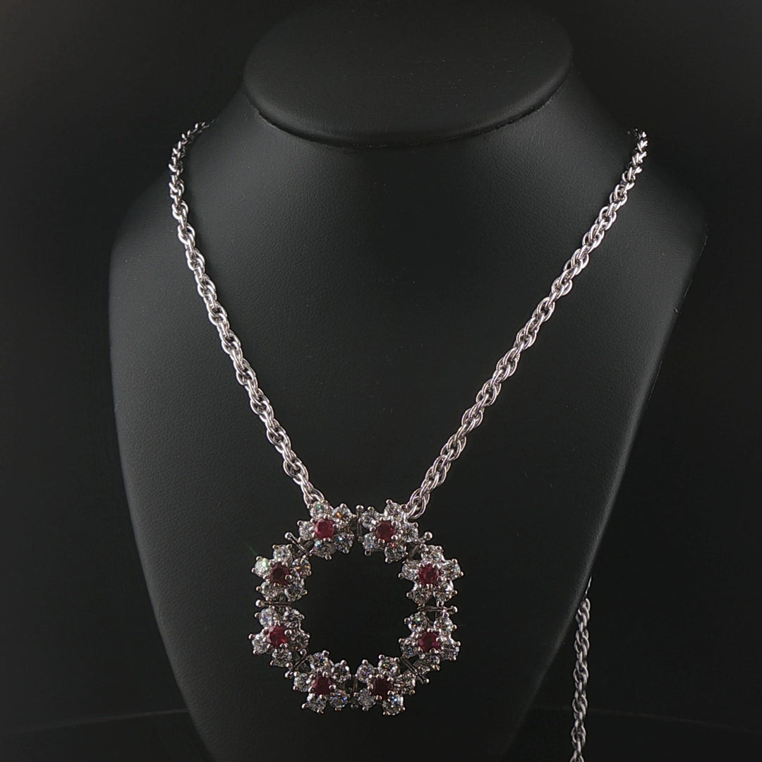 14k White Gold Ruby and 3.50cttw Diamond Solid Circle Pendant Necklace 23"