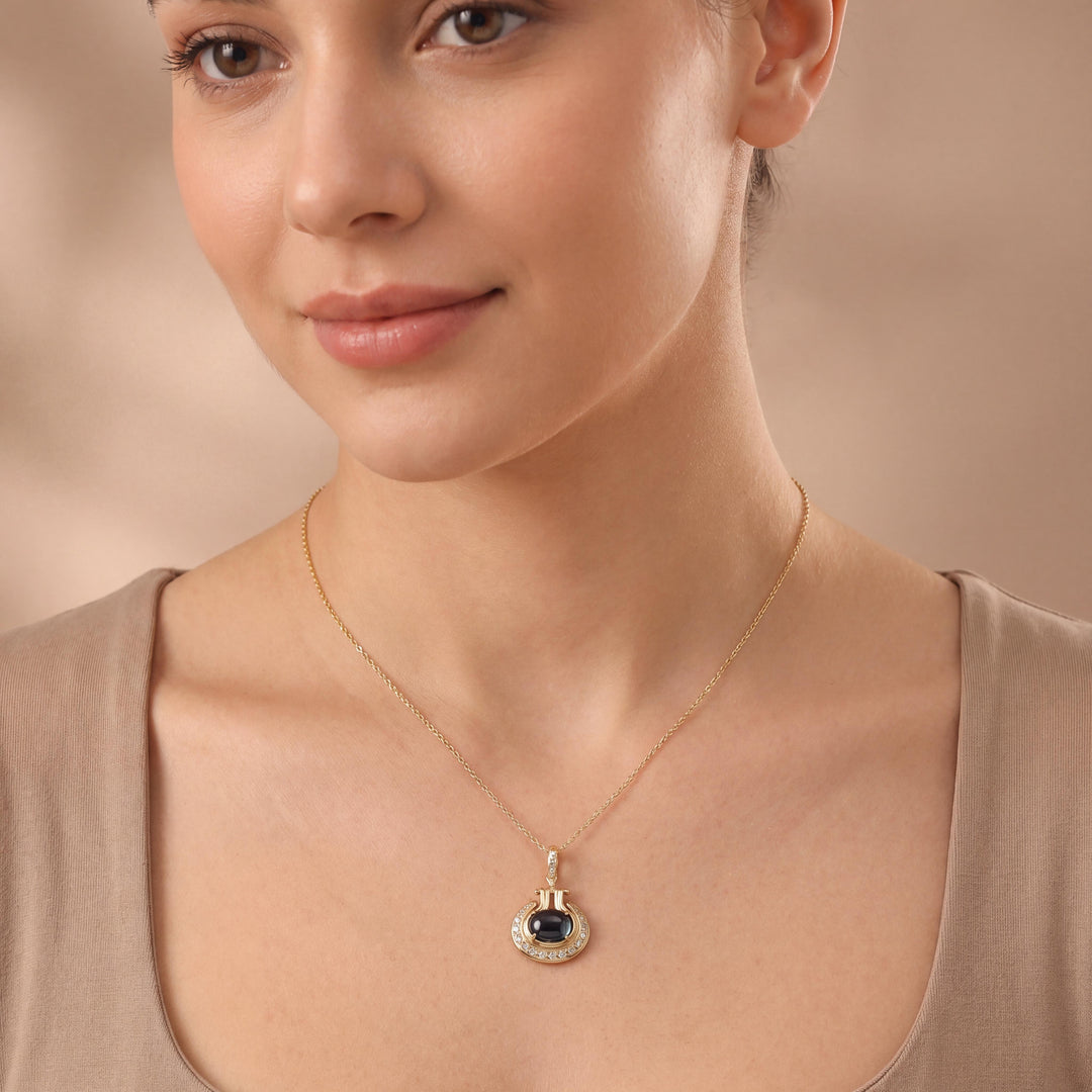 18k Yellow Gold 4.15ct Cabochon Sapphire and Diamond Vintage Pendant 1.3"