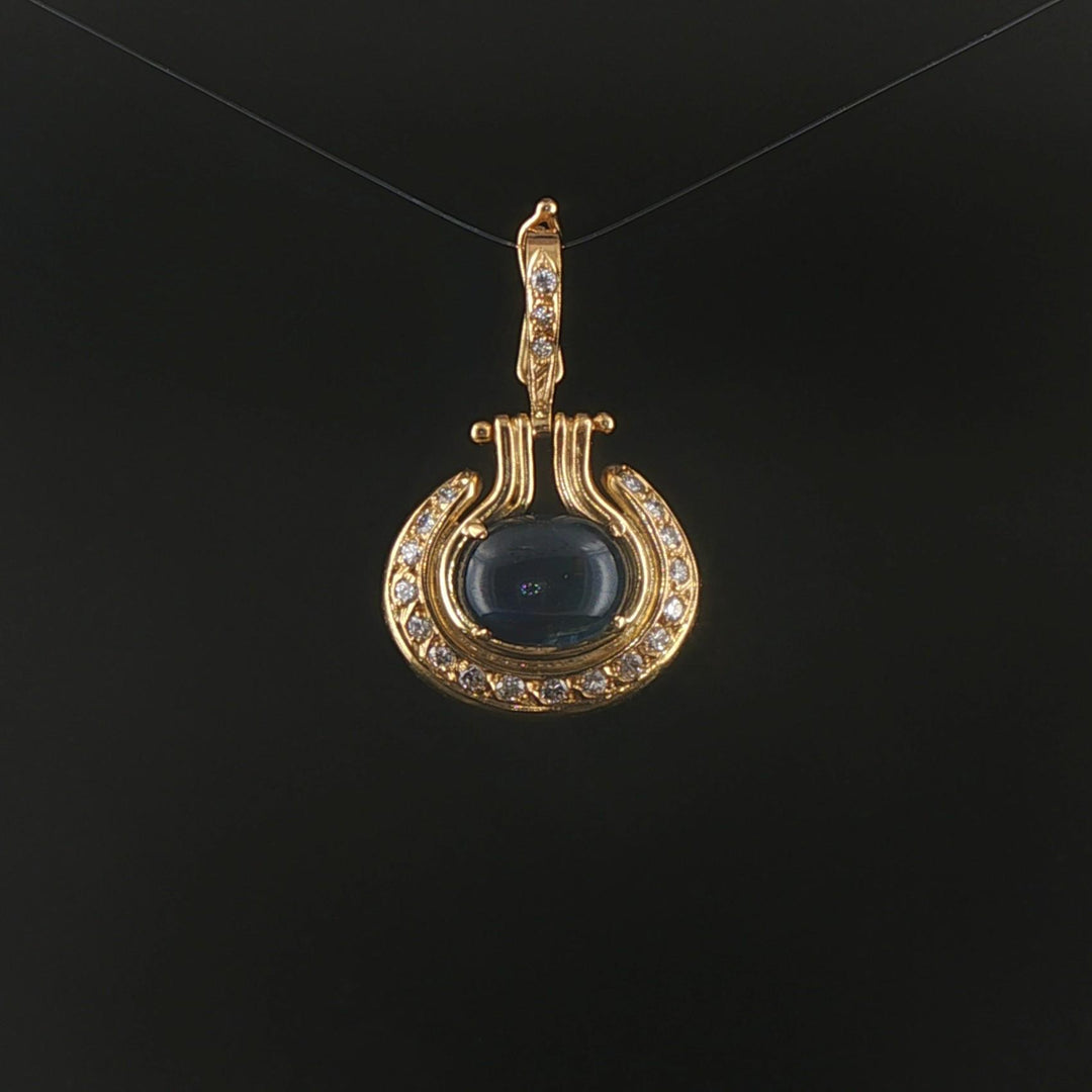 18k Yellow Gold 4.15ct Cabochon Sapphire and Diamond Vintage Pendant 1.3"