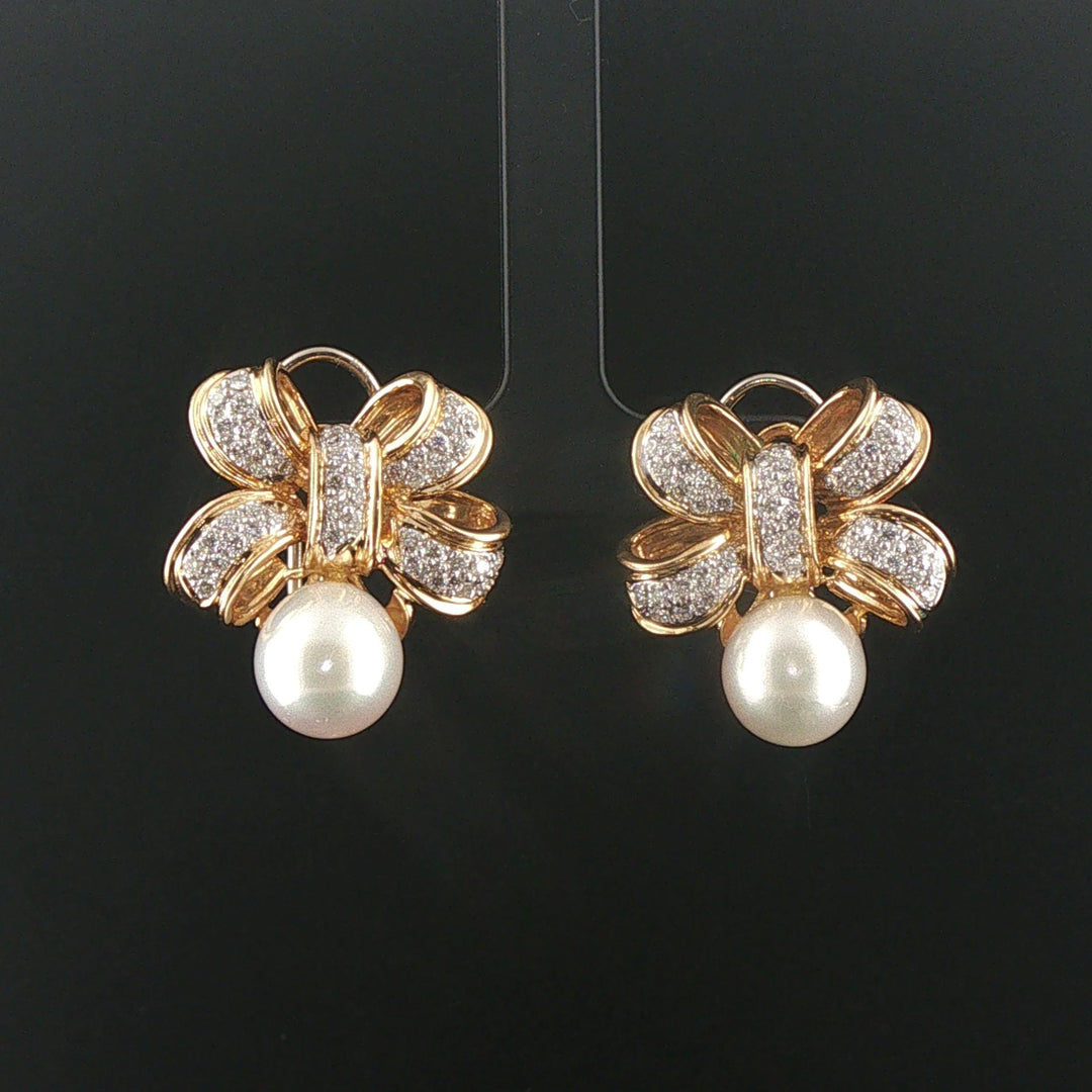 18k Yellow Gold Pearl and 1.20cttw Diamond Bow Earrings 1"