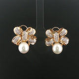 18k Yellow Gold Pearl and 1.20cttw Diamond Bow Earrings 1"