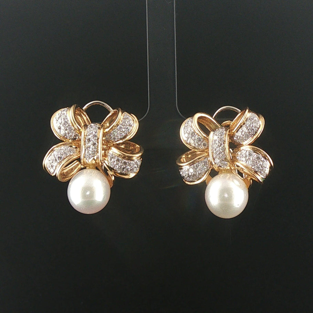 18k Yellow Gold Pearl and 1.20cttw Diamond Bow Earrings 1"