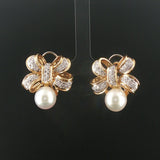 18k Yellow Gold Pearl and 1.20cttw Diamond Bow Earrings 1"