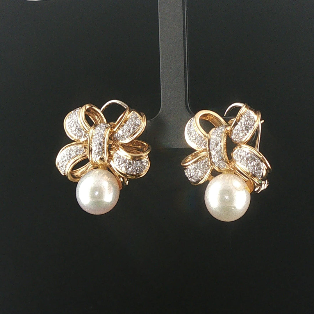 18k Yellow Gold Pearl and 1.20cttw Diamond Bow Earrings 1"