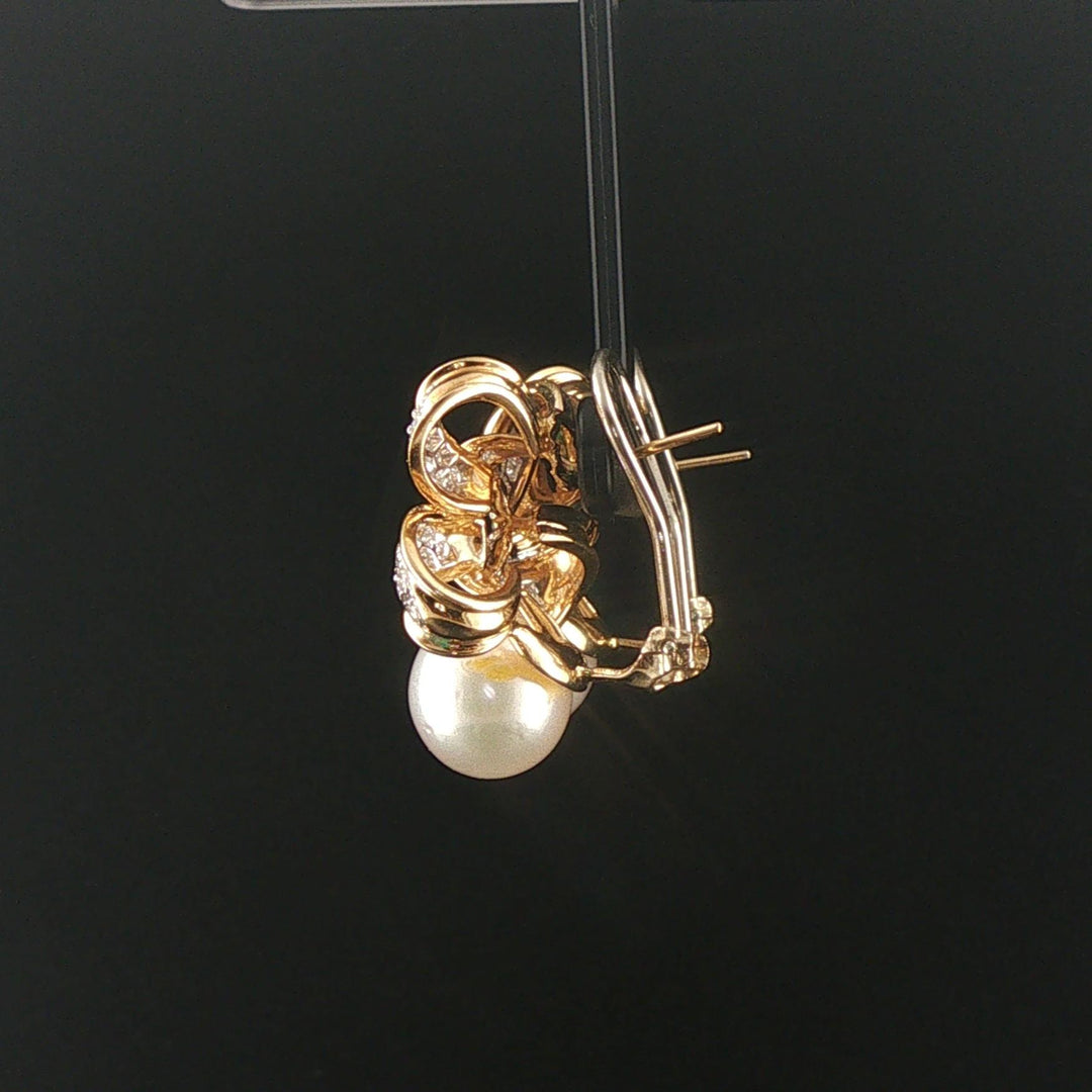 18k Yellow Gold Pearl and 1.20cttw Diamond Bow Earrings 1"