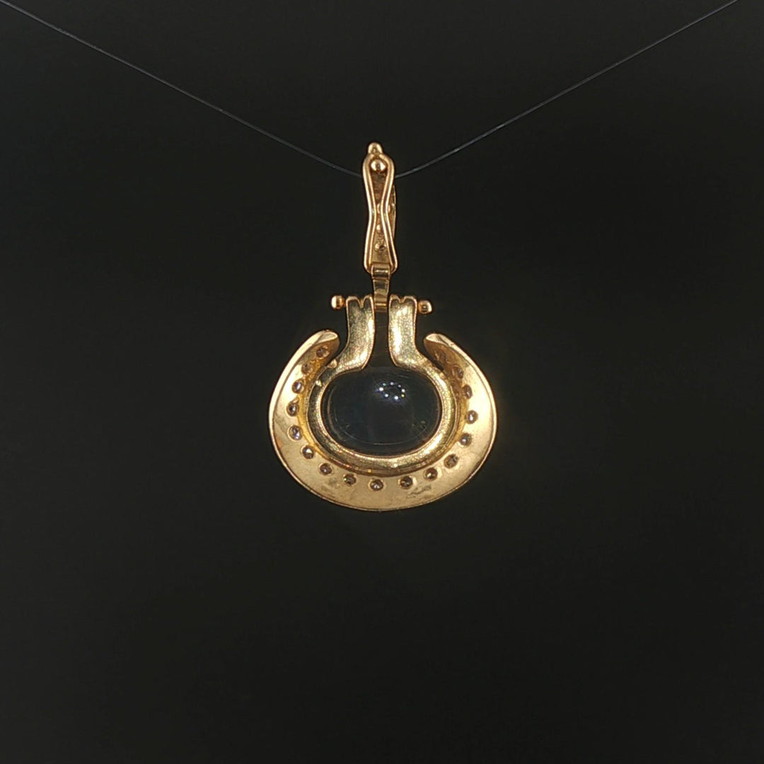 18k Yellow Gold 4.15ct Cabochon Sapphire and Diamond Vintage Pendant 1.3"