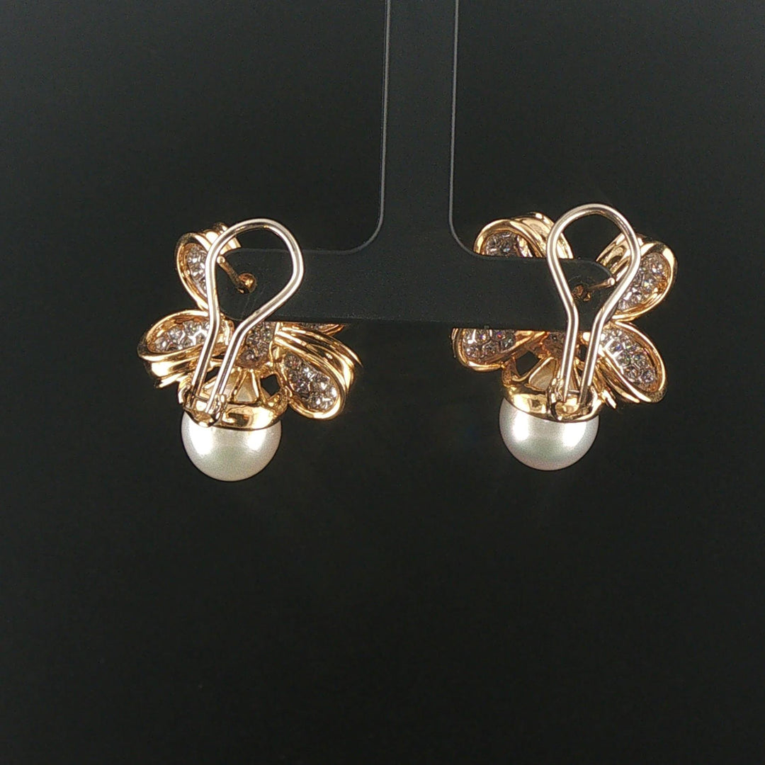 18k Yellow Gold Pearl and 1.20cttw Diamond Bow Earrings 1"