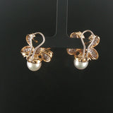 18k Yellow Gold Pearl and 1.20cttw Diamond Bow Earrings 1"