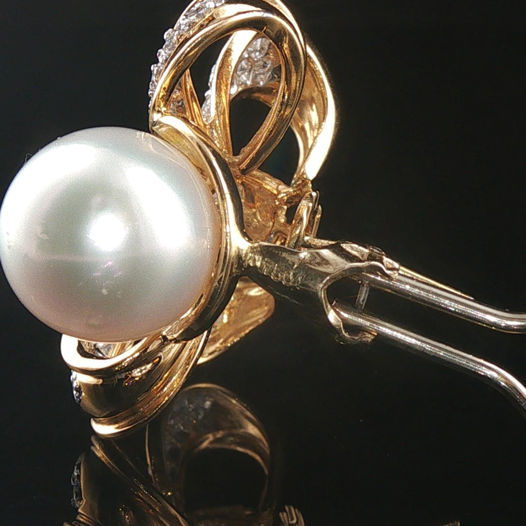 18k Yellow Gold Pearl and 1.20cttw Diamond Bow Earrings 1"